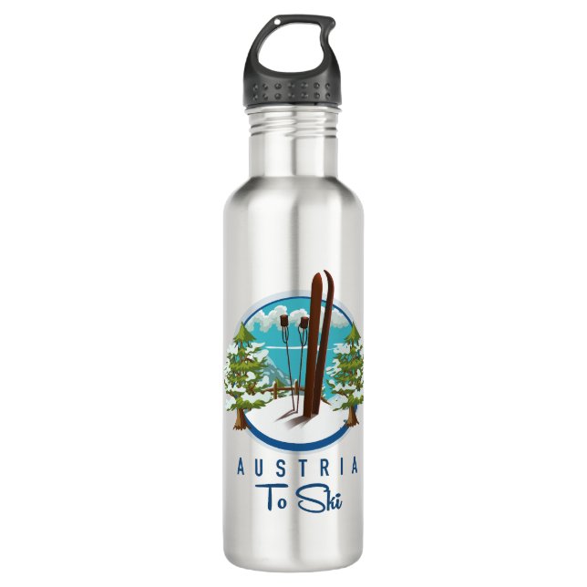 Skiing, ski poster logo. stainless steel water bottle (Front)