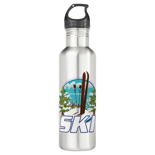 Skiing, ski poster logo. stainless steel water bottle (Front)