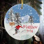 Skiing Skier Snow Personalized Watercolor    Ceramic Ornament<br><div class="desc">This design may be personalized in the area provided by changing the photo and/or text. Or it can be customized by clicking Personalize this Template and then choosing the click to customize further option and delete or change the color of the background, add text, change the text color or style,...</div>