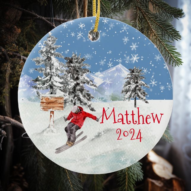 Skiing Skier Snow Personalized Watercolor    Ceramic Ornament (Creator Uploaded)