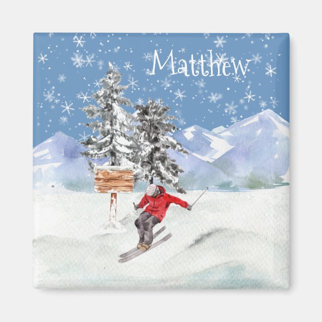 Skiing Skier Snow Personalized Watercolor   Magnet (Front)