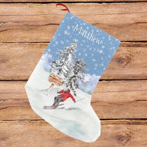 Skiing Skier Snow Personalized Watercolor  Small Christmas Stocking