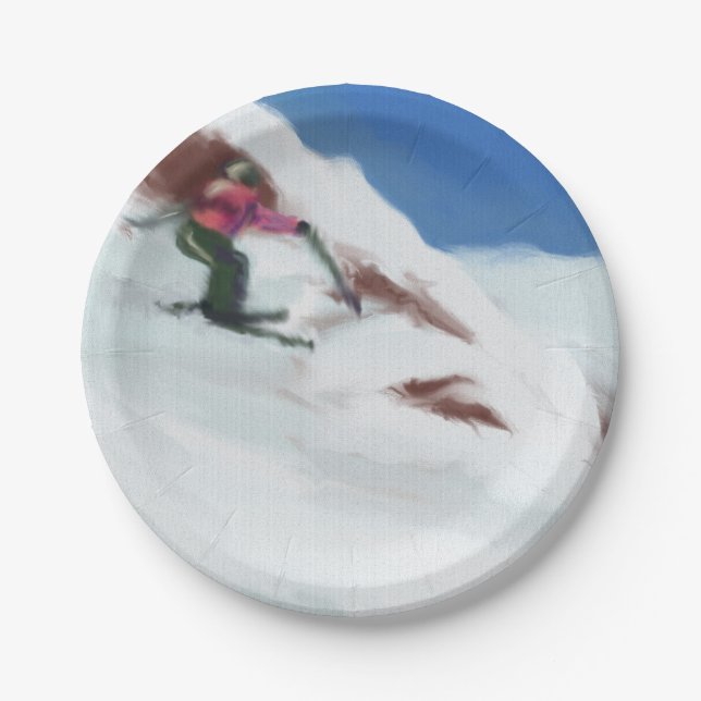 Skiing Snow Mountain Art Paper Plates (Front)