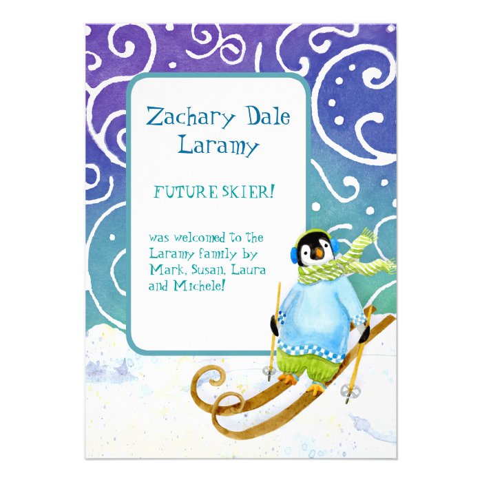 Skiing Snowboarder Penguin Baby Birth Announcement