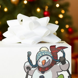 Skiing Snowman Christmas Hat Cartoon Large Repeat Wrapping Paper