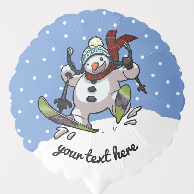 Skiing Snowman In Woolly Christmas Hat Cartoon Balloon (Front)