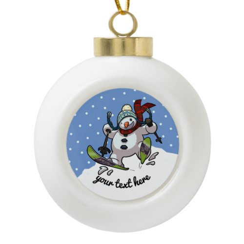 Skiing Snowman In Woolly Christmas Hat Cartoon Ceramic Ball Christmas Ornament