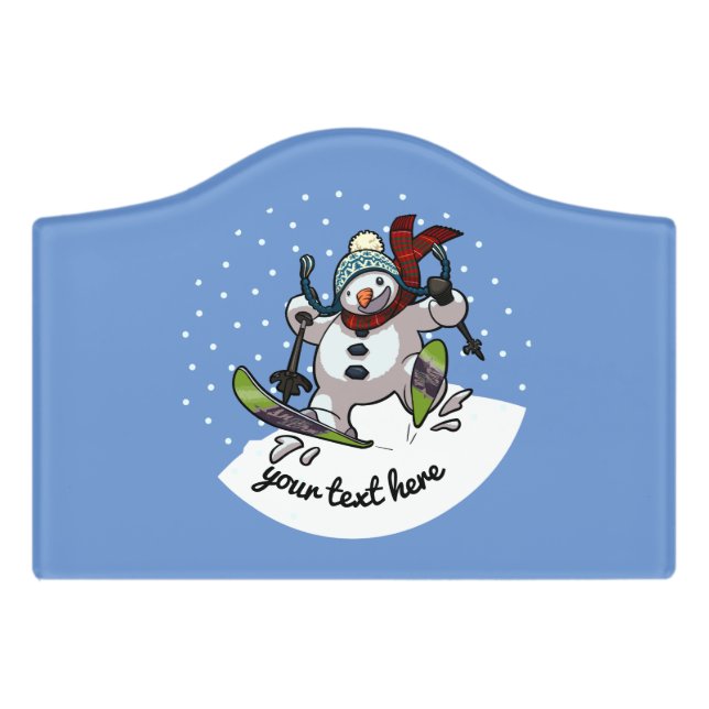 Skiing Snowman In Woolly Christmas Hat Cartoon Door Sign (Small Crest Front)