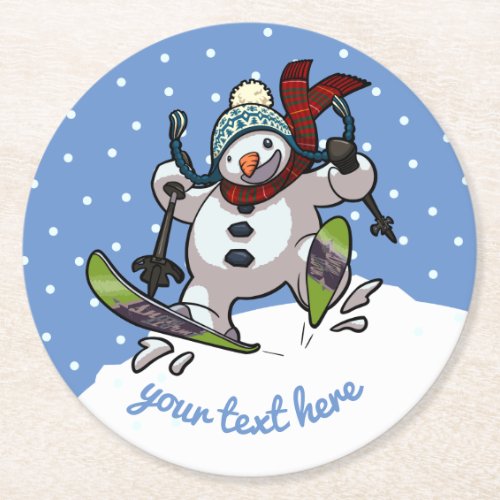 Skiing Snowman In Woolly Christmas Hat Cartoon Round Paper Coaster