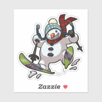 Skiing Snowman In Woolly Christmas Hat Cartoon Sticker
