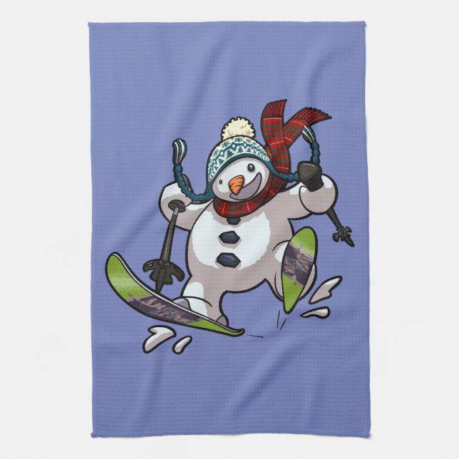 Skiing Snowman In Woolly Christmas Hat Cartoon Towel (Vertical)