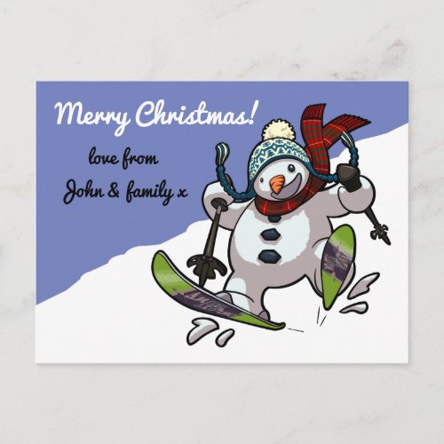 Skiing Snowman Merry Christmas Message Cartoon Holiday Postcard