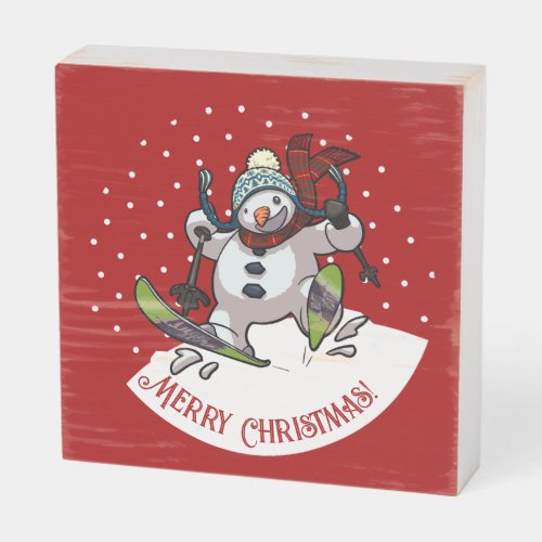Skiing Snowman Merry Christmas Woolly Hat Cartoon Wooden Box Sign