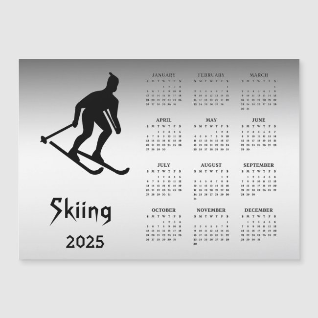 Skiing Sports Silver 2025 Calendar Magnetic Card