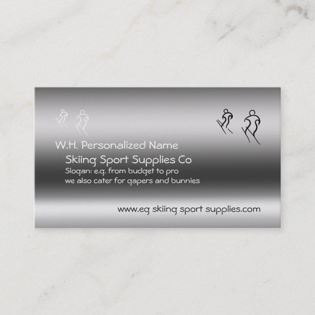 Skiing Supplies with stylized skiers logo Business Card (Front)