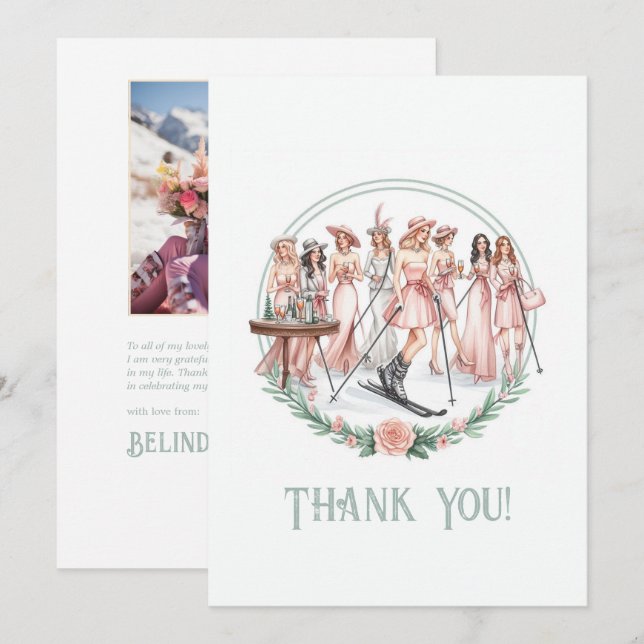 Skiing-Themed Social Club Bachelorette Photo Thank You Card (Front/Back)