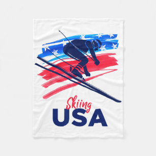 Skiing Usa Support The Team Shirt Usa Flag Skiing Fleece Blanket