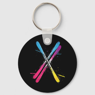 Skiing, Vibrant Design, Crossed Skis T-shirt.png Keychain