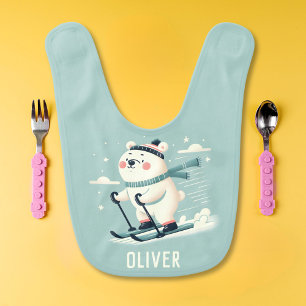 Skiing Whimsical Cute Polar Bear Personalized Baby Bib