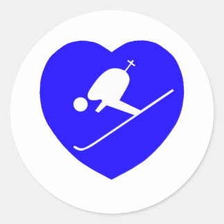 Skiing White on Blue Heart 200dpi Classic Round Sticker