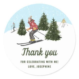 Skiing Winter Women Ski Birthday Thank You Classic Round Sticker