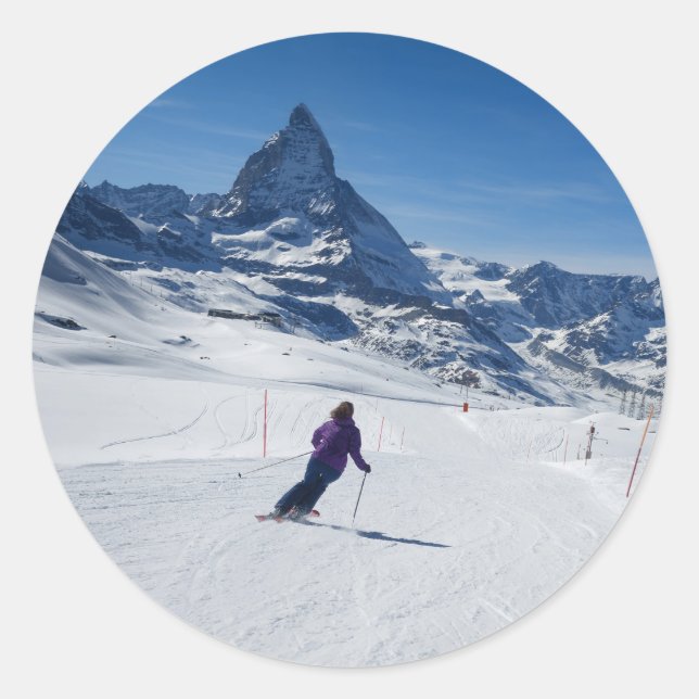 Skiing with Mt. Matterhorn in Zermatt, Switzerland Classic Round Sticker (Front)