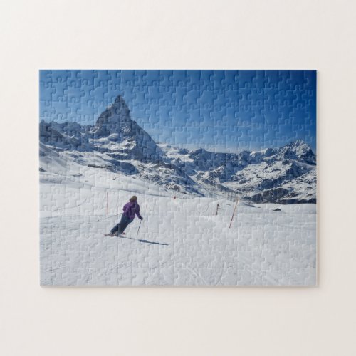 Skiing with Mt Matterhorn in Zermatt Switzerland Jigsaw Puzzle