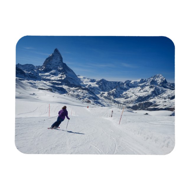 Skiing with Mt. Matterhorn in Zermatt, Switzerland Magnet (Horizontal)