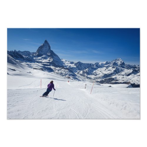 Skiing with Mt Matterhorn in Zermatt Switzerland Photo Print