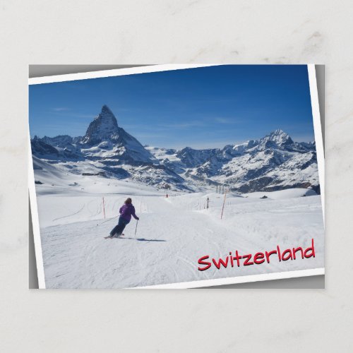 Skiing with Mt Matterhorn in Zermatt Switzerland Postcard