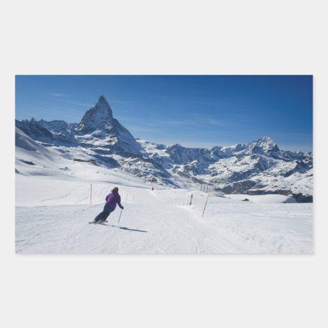 Skiing with Mt. Matterhorn in Zermatt, Switzerland Rectangular Sticker (Front)