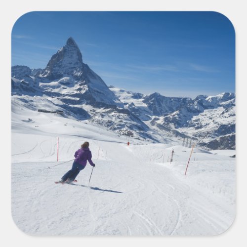Skiing with Mt Matterhorn in Zermatt Switzerland Square Sticker