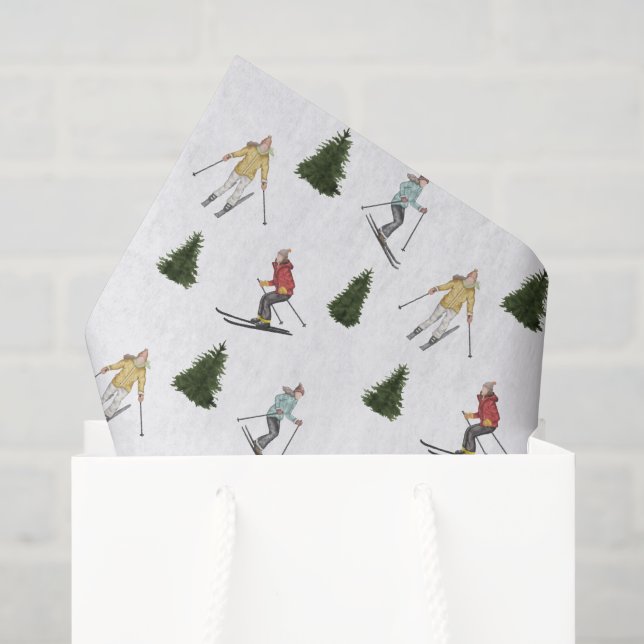 Skiing Women Colorful Watercolor Christmas Pattern Tissue Paper (Gift Bag)