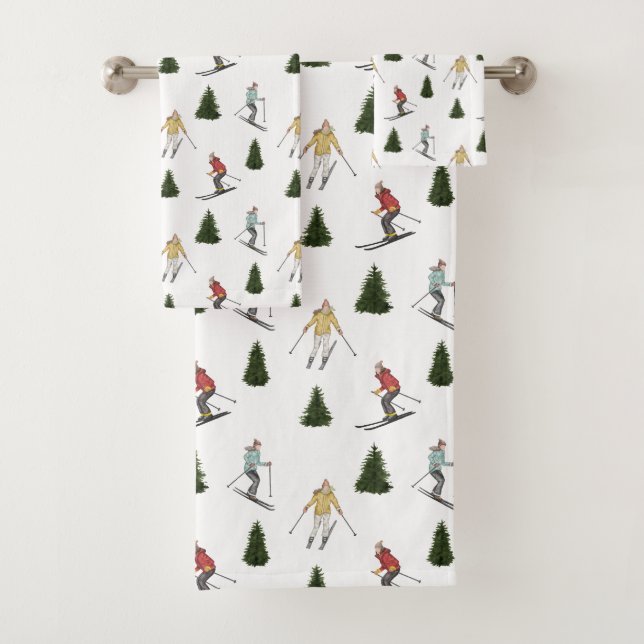 Skiing Women Watercolor Winter Christmas Pattern Bath Towel Set (Insitu)