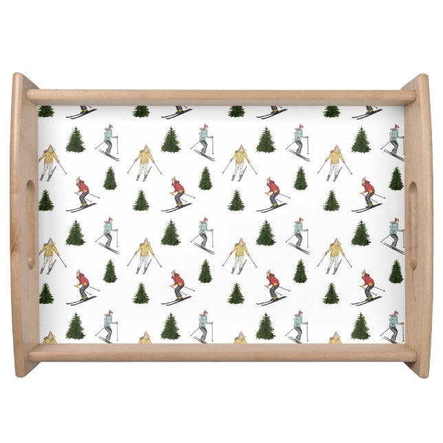 Skiing Women Watercolor Winter Sports Pattern Serving Tray (Front)