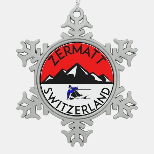 Skiing Zermatt Switzerland Ski Snowflake Pewter Christmas Ornament