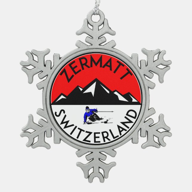 Skiing Zermatt Switzerland Ski Snowflake Pewter Christmas Ornament (Front)
