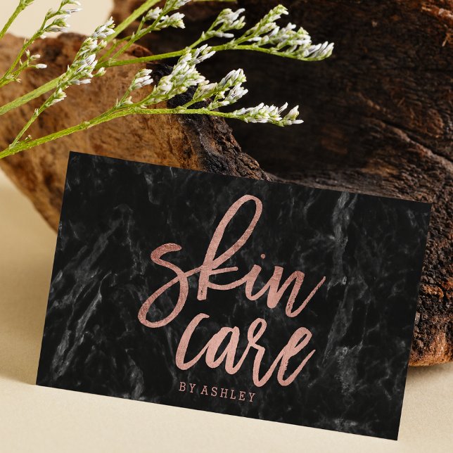 Skin care chic faux rose gold script black marble business card (Creator Uploaded)