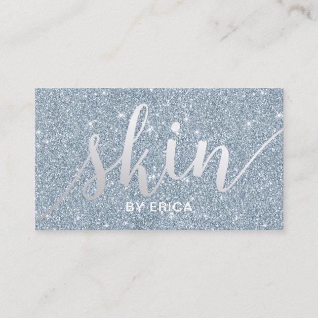 Skin Care Elegant Dusty Blue Glitter Esthetician Business Card (Front)