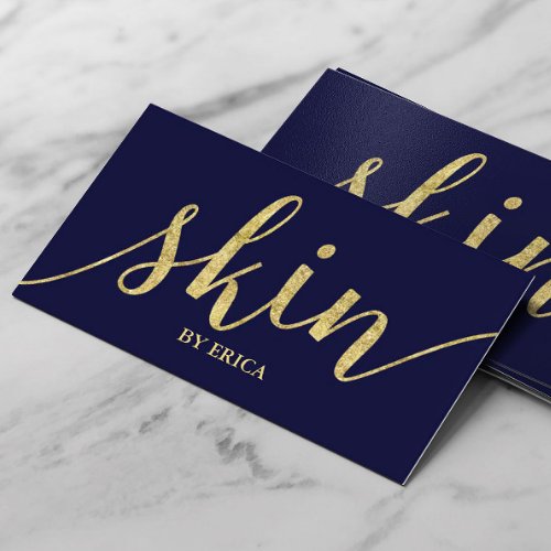 Skin Care Gold Script Esthetician Elegant Navy Business Card