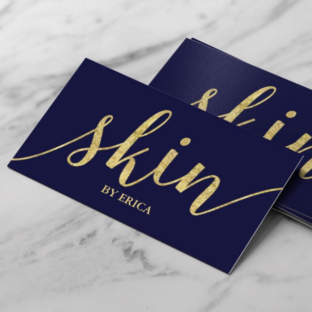 Skin Care Gold Script Esthetician Elegant Navy Business Card (Creator Uploaded)