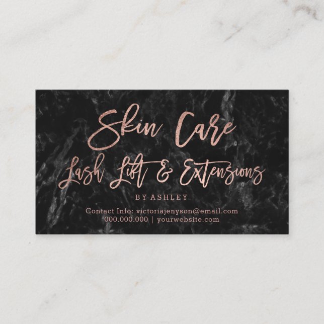 Skin care lash rose gold script black marble loyalty card (Front)
