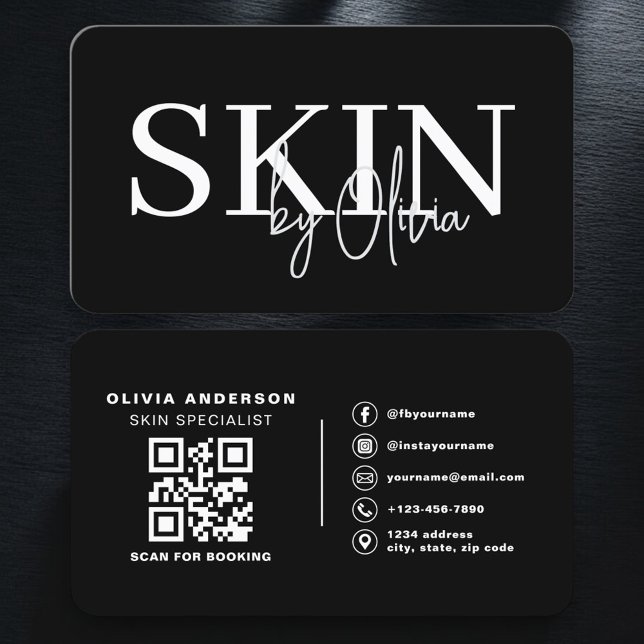 Skin Care QR Code  Black White Business Card (Creator Uploaded)