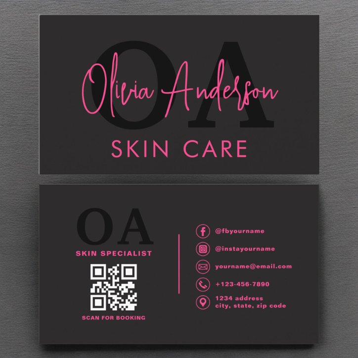 Skin Care QR Code Hot Pink Black Social Media Busi Business Card