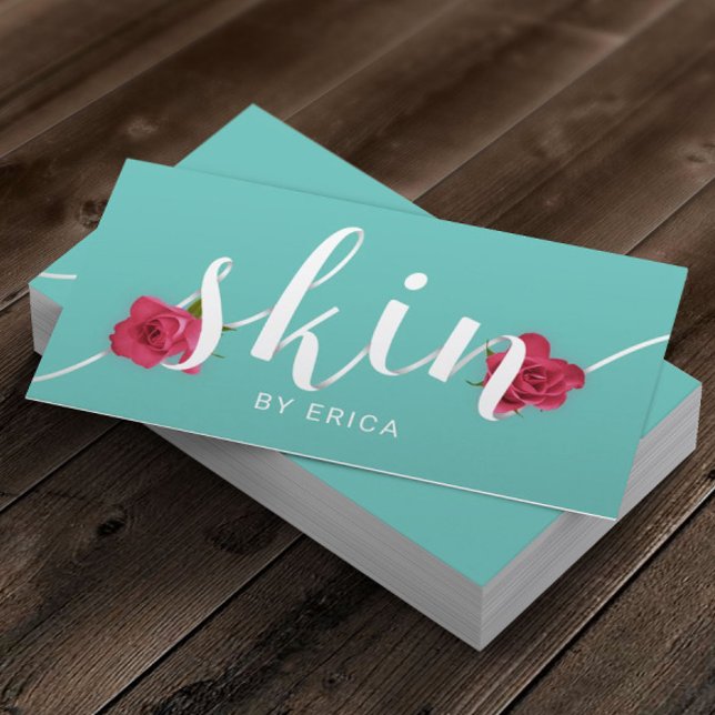 Skin Salon Floral Typography Esthetician Teal Business Card (Creator Uploaded)