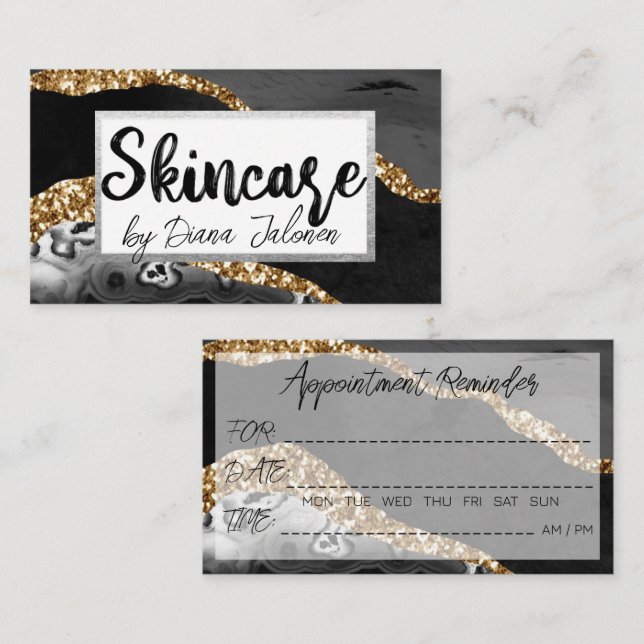 Skincare Appointment Reminder  Black Gold Marble Business Card (Front/Back)