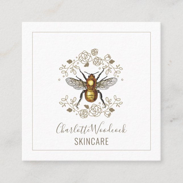 Skincare Esthetician Golden Bee And Rose Laurel Square Business Card (Front)