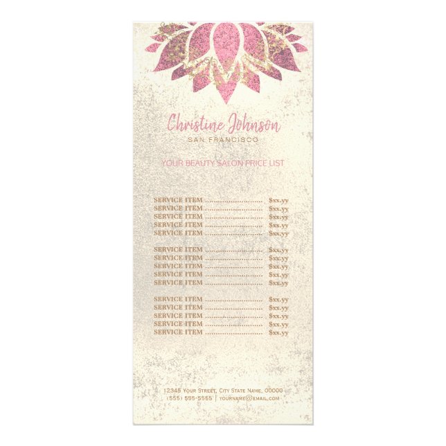 skincare esthetician hot pink lotus on faux foil rack card (Front)