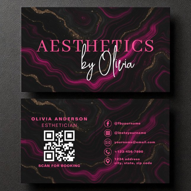 Skincare Esthetician QR Code Hot Pink Black Agate Business Card (Creator Uploaded)