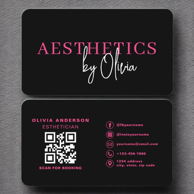 Skincare Esthetician QR Code Hot Pink Black Business Card (Creator Uploaded)